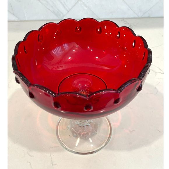 Vintage Indiana Glass Ruby Red Tear Drop Scalloped Pedestal Compote Bowl 7.5" - Picture 2 of 8